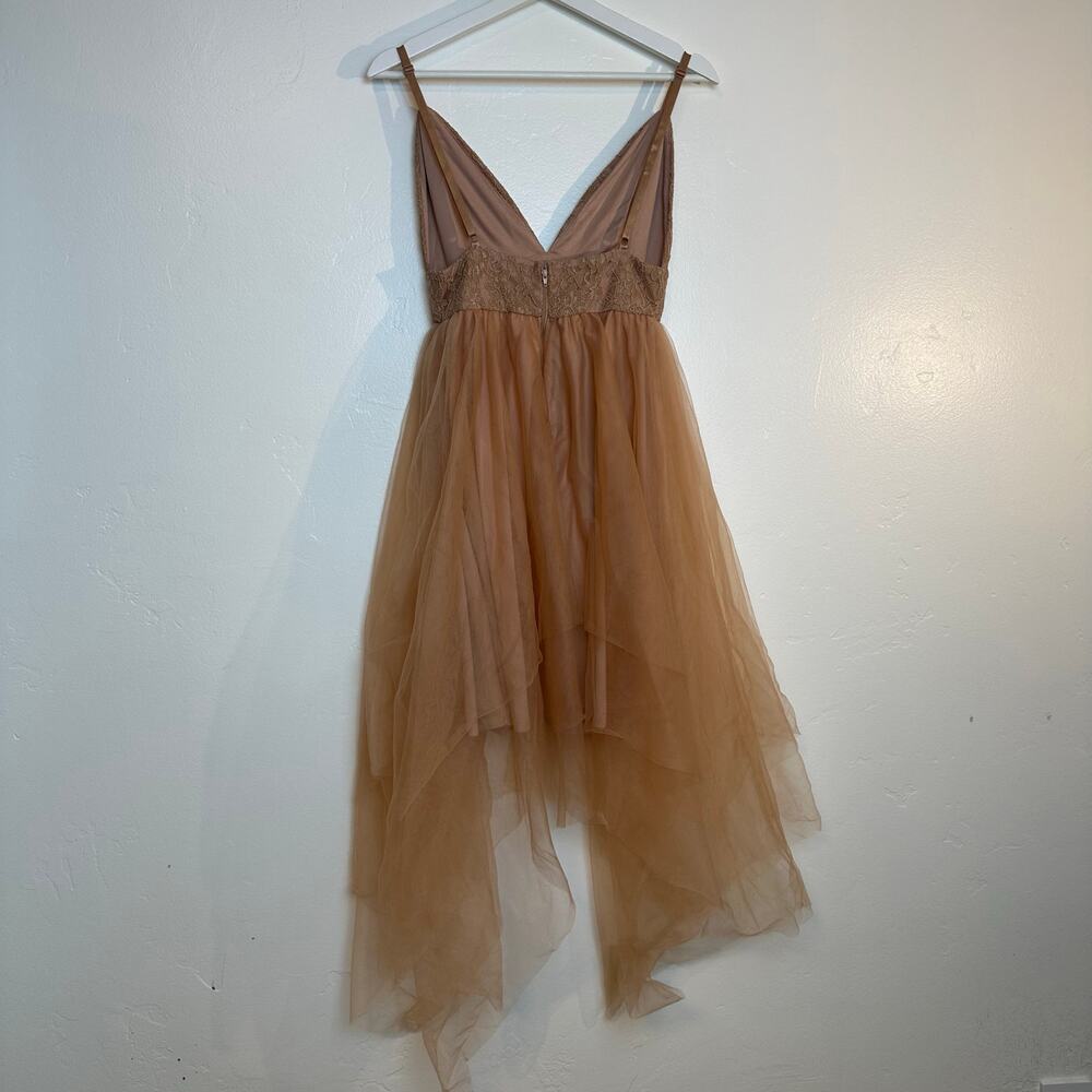 Boho Tulle Dress Brown Tan Lace Midi Asymmetrical Hem 25” Waist XS-S